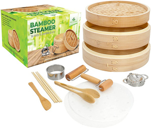 Bambus Pot Reusable <strong>Momo</strong> Kitchen 2 Tiers Package Tasty Bao Buns Commercial Dumpling Bamboo <strong>Steamer</strong> <strong>Set</strong> With Cotton Liners - Product Image 6
