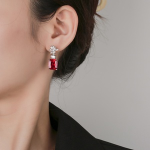 Fashion Jewelry Eco-friendly Copper Princess Square Cut 10*12mm Red Zircon Latest Simple Drop <b>Earrings</b> for Office Wear - Product Image 6