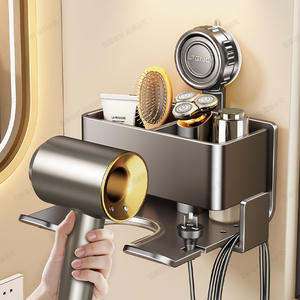 Support mural pour sèche-cheveux Lteng avec plateau de rangement, organisateur de salle de bain peu encombrant, gris canon à poudre, style moderne - Product Image 1