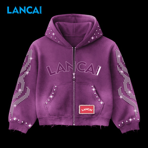 เสื้อฮู้ดดี้ Lancai ทรงโอเวอร์ไซส์ ล้างสีแบบแอซิดวอช แต่งซิป ประดับหมุด ดีไซน์วินเทจแบบซันเฟด แต่งสไตล์ดิสเทรส ผ้าเทอร์รี่คอตตอน 100% ประดับคริสตัล - Product Image 2