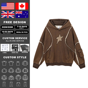KingSen High Quality Heavyweight 100% Cotton <b>Pullover</b> Hoodie Custom Embroidery Vintage Washed Patchwork Oversized <b>Men</b> Sweatshirt - Product Image 2