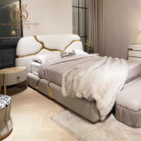 Muebles de Villa Italianos de Lujo BS, Camas Dobles Modernas de Cuero, Cabecera de Acero Inoxidable de Diseño, Cama King Size para Villas