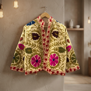 Veste en coton et lin brodée de fleurs au point de chaînette pour femme, style vintage, travail Suzani du Cachemire, ouverte sur le devant, style bohème - Product Image 4