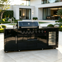 Îlot de cuisine extérieur modulaire en acier inoxydable noir 304 de qualité supérieure, grand barbecue au propane à 8 brûleurs, table latérale pliante pour les fêtes