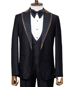 80% len 20% Viscose Mens Đen TUXEDO với vàng chi tiết thanh lịch phù hợp cho đám cưới bên sự kiện chính thức và những dịp đặc biệt - Product Image 1