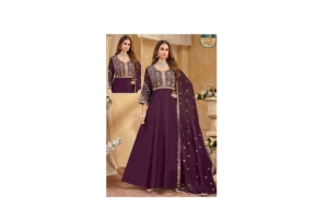 Costume Anarkali pour femmes, couleur vin, brodé, avec dupatta, tenue de fête de mariage de designer, tenue ethnique traditionnelle - Product Image 3