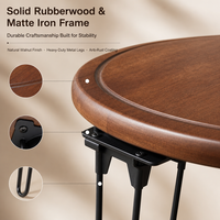 Table de camping pliable rapide, compacte et portable, en bois de caoutchouc, ronde, gain de place, avec pieds en métal imitation bois