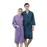 ชุดคลุมอาบน้ำสปาผ้าโพลีเอสเตอร์เซ็กซี่ระบายอากาศได้ดีสำหรับทุกเพศ,เสื้อคลุมอาบน้ำคู่รักชุดนอนสำหรับฤดูร้อนชุดคลุมอาบน้ำวาฟเฟิล