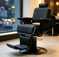 Fauteuil de Barbier Moderne Entièrement Noir en Cuir Cousu Verticalement pour la Coiffure et le Styling