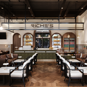 Retro luxe stijl boetiek koffiebar met ingebouwde boogvormige schappen en open werkblad, totaal ontwerp - Product Image 3