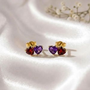 Natural <b>Garnet</b> Amethyst <b>Earrings</b> Heart Shape Red Purple Gemstone Studs <b>Earrings</b> Minimalist Gold Silver Jewelry Gift for Her - Product Image 4
