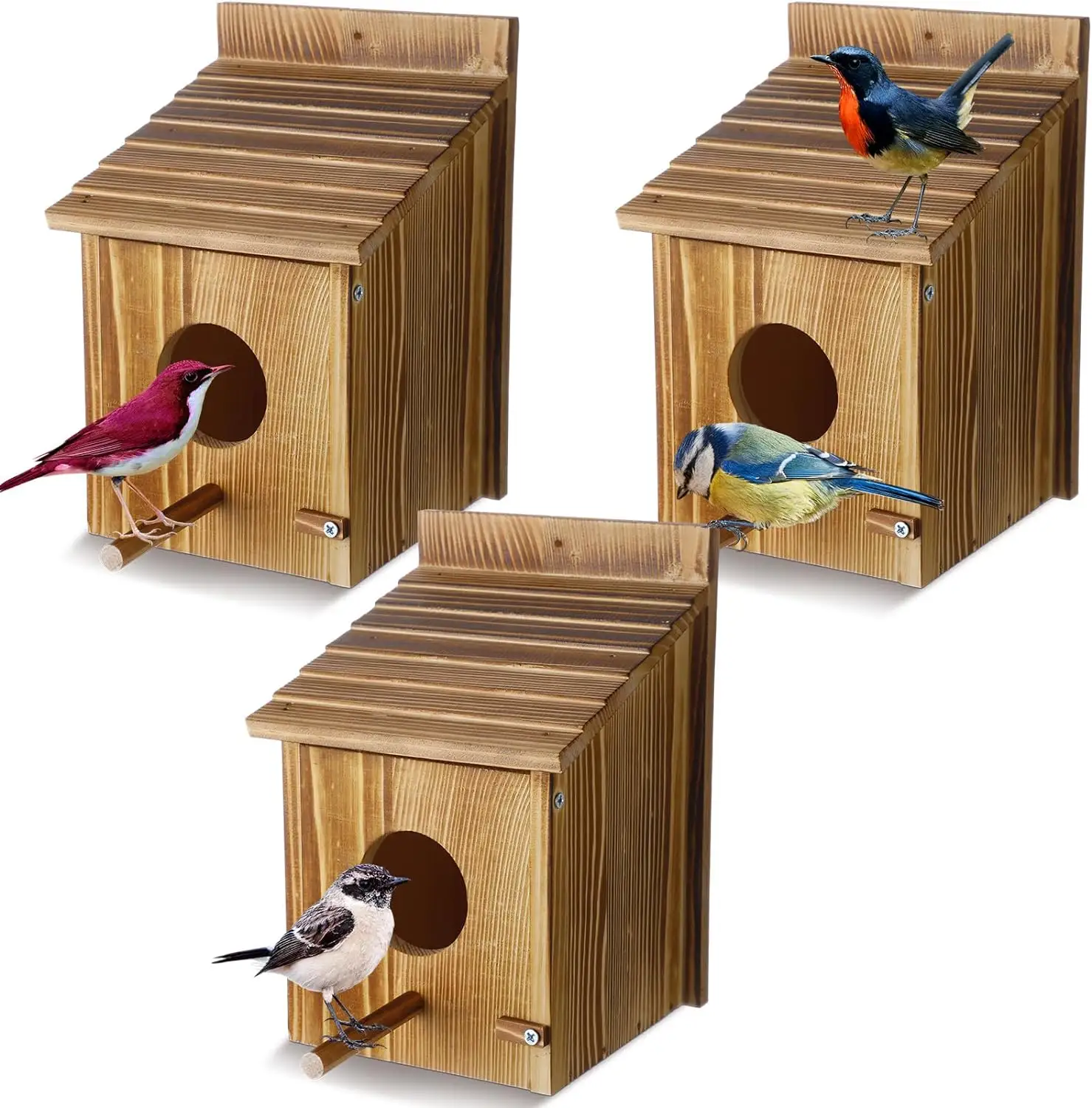 Outdoor Pole Hanging 3 Pcs Wood Bird Houses Bluebird House Wooden Birdhouse Small Bird Nest