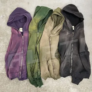 Custom zipper hoodie jacket cotton french terry sweatshirts blank full zip up vintage acid wash distressed hoodies for men