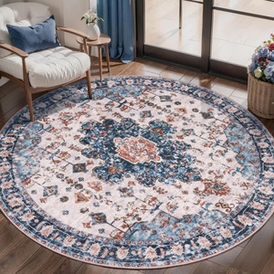 Area Indoor Living Room Bedroom <strong>Throw</strong> Non-Slip Nursery Vintage Turkish Persian <strong>Blue</strong> Printed Machine Washable Circle Round <strong>Rug</strong> - Product Image 1