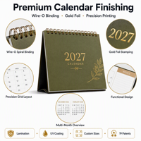 Service d'impression de calendriers de table personnalisés, reliure spirale, dorure à chaud, planificateur annuel style tente, fabricant OEM