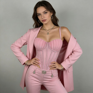 Haut Corset Bustier <span class=keywords><strong>Femme</strong></span> à Bretelles Fines en Maille avec Strass et Baleines, Crop Top Sculptant pour Soirée Club, Grande Taille - Product Image 2