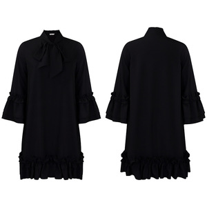 Robe décontractée mi-longue élégante à manches bouffantes, couleur unie, à nouer, à volants, style ample - Product Image 6