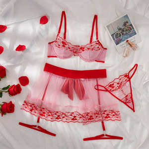 Conjunto de Lencería Erótica Personalizada con Bordado de Amor, Tanga Transparente de Encaje, Conjunto Sexy de Cuatro Piezas de Malla para Mujer - Product Image 6