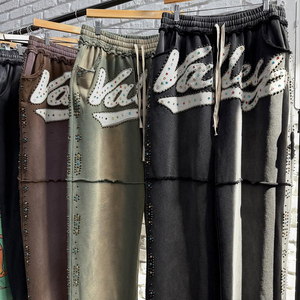 Huili Heavyweight Cotton Vintage gewaschene Jogger Jogging hose Herren Custom Stickerei Logo Strass Sun lashed Wide Leg Jogging hose - Product Image 2