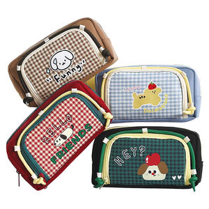 2025 nouveau Portable Ins Style crayon sac grande capacité papeterie boîte rétro Plaid fenêtre unisexe mignon dessin animé chiot conception sac - Product Image 1