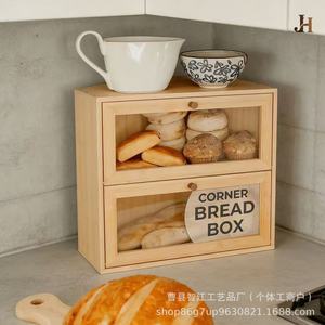 Wooden <b>kitchen</b> corner bread box, triangular double-layer dessert and pastry bread storage box, bamboo and wood food storage box - Product Image 3