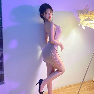 Lemon Story Sexy Halter Neck Slit Chain Bodycon Dress 8210 Satin Translucent Club Wear - Product Image 3
