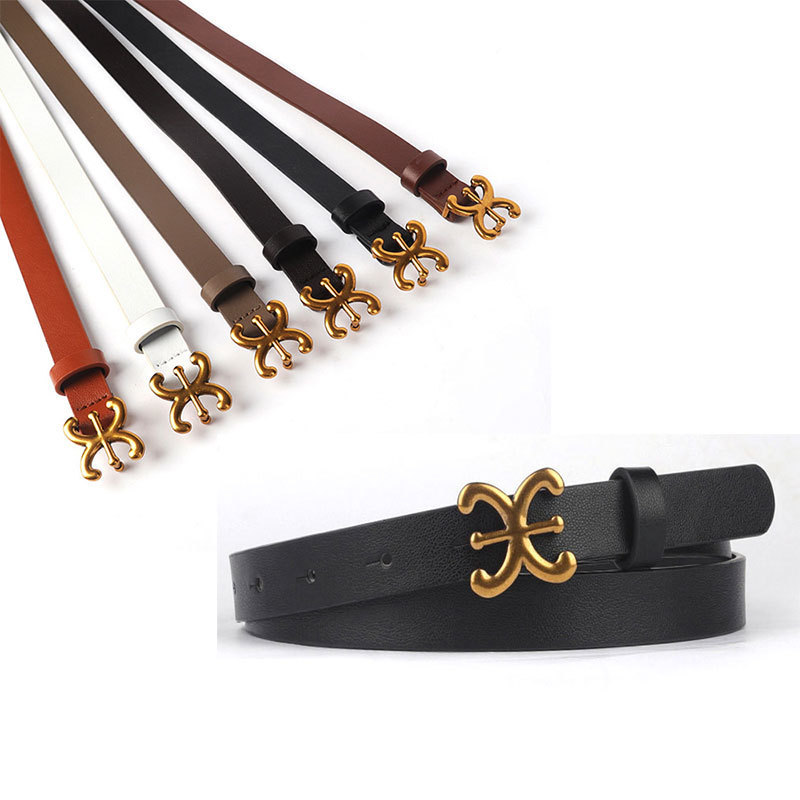 High-Quality Lady's Black Leather Belt with Golden Metal Buckle