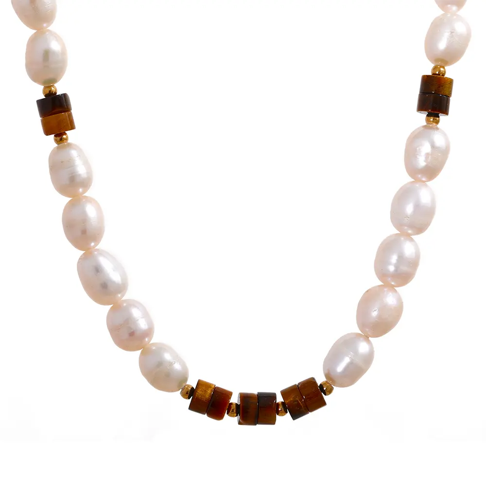 JINYOU 1194 Natürliche Süßwasser perlen Tiger Stone Handmade Luxus Halskette Frauen Trendy Edelstahl Bijoux Schmuck Anlauf