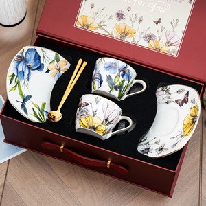 Luxury French Exquisite <b>Bone</b> <b>China</b> Reusable Coffee Cup <b>Set</b> with Floral Irises for Birthday Gifts - Product Image 4