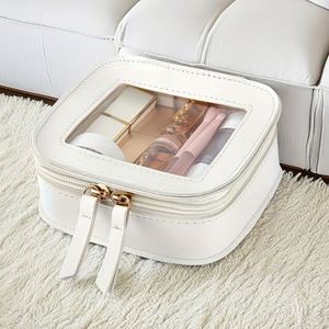 Travel Square PU Leather Fashion Cosmetic Case Transparent <b>Clear</b> Window Makeup <b>Bag</b> Women Zipper Waterproof <b>Toiletry</b> Organizer - Product Image 4