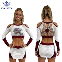 Uniforme de cheerleading personnalisé blanc avec strass, ensemble deux pièces (haut court et jupe) avec découpe en forme de pomme au dos, manches longues pour la compétition