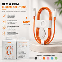 Câble de charge rapide USB-C 60W orange en nylon tressé, câble de données Type-C vers Type-C avec outil d'éjection de carte SIM pour iPhone 17 16 15 Pro Max
