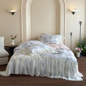 2025 nuova Lyocell quattro pezzi lenzuola Sabanas <span class=keywords><strong>francese</strong></span> Chiffon pizzo bordo piumino copripiumino rosa stampa floreale Set biancheria da <span class=keywords><strong>letto</strong></span> - Product Image 1