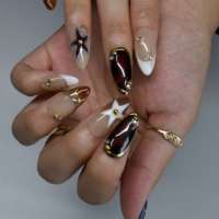Faux ongles à presser Tortoise-Sand Blue-Tone Star, en acrylique faits main, avec bord doré et strass, personnalisables, style Spice-girl