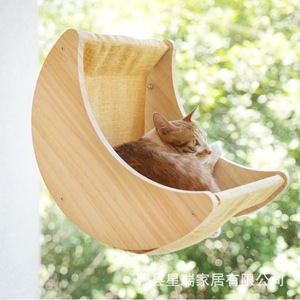 Hamaca para Gatos 716, Cama Elevada para Mascotas con Forma de Luna, Montada en la Pared, de Madera Natural, Redonda, Material Sólido - Product Image 1
