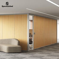 SpaceUnited Modular Office Partition Walls with Wood Grain Panels and Aluminum Frame, Floor to Ceiling Sliding Door for Office