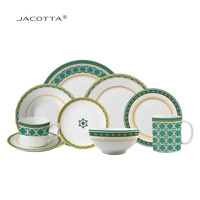 Service de table en céramique à motifs vert et or élégant - Idéal pour les dîners et les mariages
