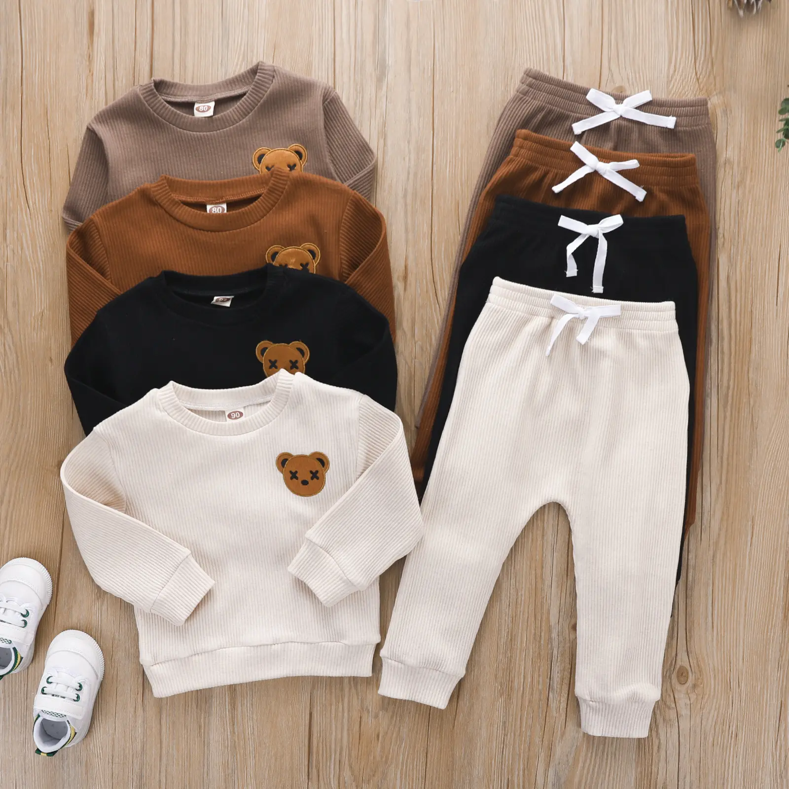 Children's Cotton Bear Round Neck Autumn Clothing Set Baby Casual Cartoon Long-Sleeved Two-Piece Set