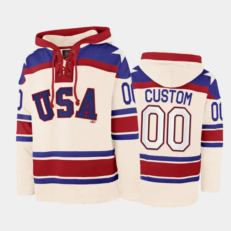2021 Sportkleding Usa Hockey White #00 Hoodie Mode Pullover Reliëf Hoodie Custom Hockey Jersey