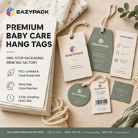 Étiquettes suspendues personnalisées pour soins de bébé, imprimées sur papier certifié écologique, pour marques de vêtements pour bébés EAZYPACK, personnalisables, MOQ 300