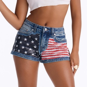 Shorts in denim scuro lavato con <span class=keywords><strong>paillettes</strong></span> a bandiera USA, vita alta, effetto vintage sfilacciato, mini hot pants per ragazze sexy, decorati per l'estate - Product Image 2