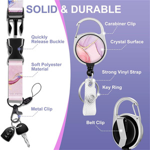 Cordón para tarjeta de acceso rosa con diseño de rombos, soporte para credencial de identificación de empleado, llavero retráctil, patrón azul mármol - Product Image 4