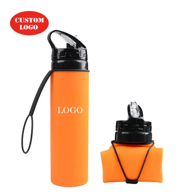 Custom Outdoor Camping Sport Gym Travel Collapsible Drinking Foldable Silicone Water Bottle With Straw