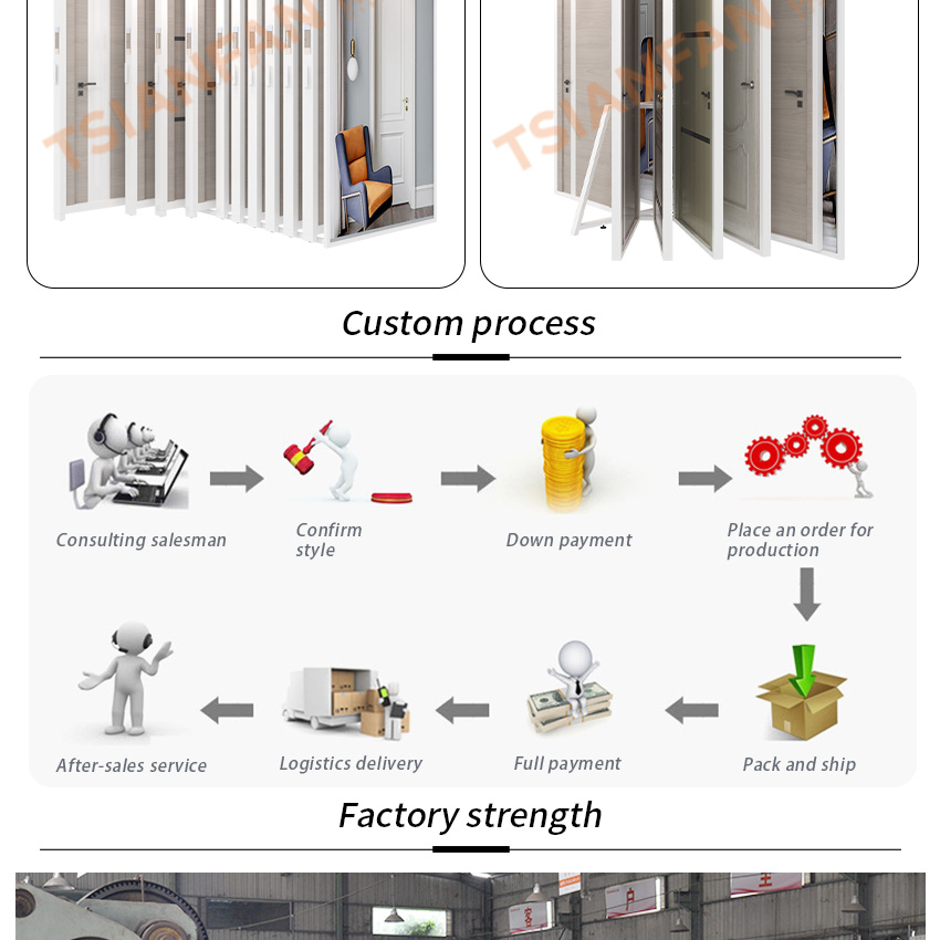 Tsianfan New Design Custom Slider Wooden Cabinet Door Sample Display Rack With Door Frame Sliding Doors Display Stand Exhibition