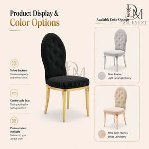 Chaise de réception de mariage ovale haute à dossier capitonné en acier inoxydable doré avec revêtement noir pour salles de banquet – Vente en gros de sièges - Product Image 5