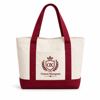 Sac fourre-tout en toile personnalisé avec broderie de blason, sac à main bordeaux avec poche avant pour l'université, les voyages et les trajets quotidiens
