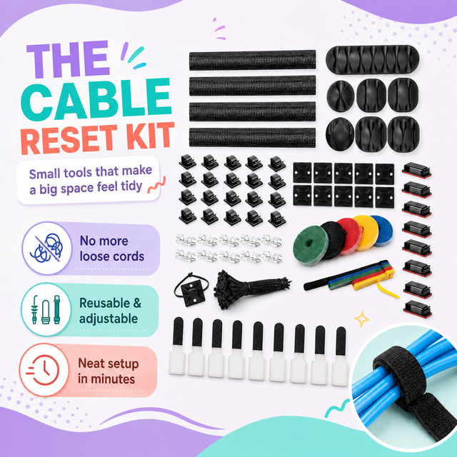 Cable Management Kit Cord Organizer System for Desk Home Office with Sleeves Silicon Cable Clips Adhesive Ties for TV PC Gaming