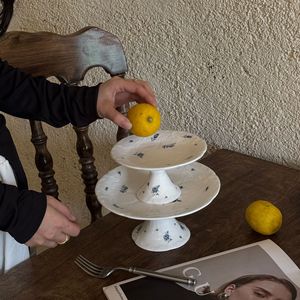 French retro blue rose-patterned ceramic cups, plates, bowls, pedestals, Western-style dessert and meal <b>storage</b>, home - Product Image 2