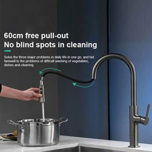 ก๊อกน้ำอ่างล้างจานคุณภาพสูง น้ำร้อน-น้ำเย็น หมุนได้ 360 องศา สีเทาเข้ม พร้อมหัวฉีดแบบดึงออกได้ - Product Image 4