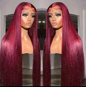 Perruque Lace Front 13x6 en <span class=keywords><strong>Cheveux</strong></span> Brésiliens Rouge Bordeaux Lisses et Soyeux avec Ondulations Profondes, Pré-Pluckée, <span class=keywords><strong>Cheveux</strong></span> Vierges # 99J - Product Image 1